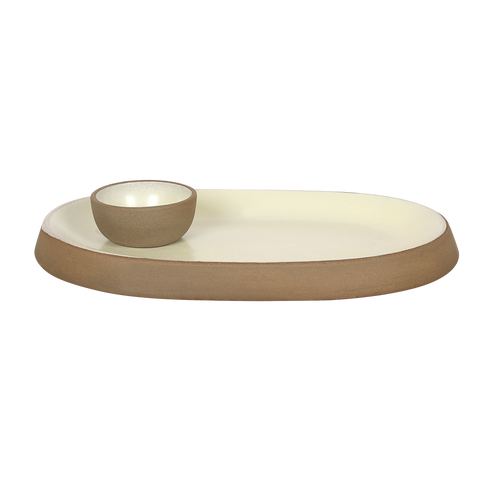 Makrey Red Clay Oblong Platter with Attached Dip Bowl – 10" Collar Rim | Ivory Matt Glaze | Handcrafted Ceramic Serving Set | Appetizer, Chaat & Dip Platter for Restaurant & Home Dining