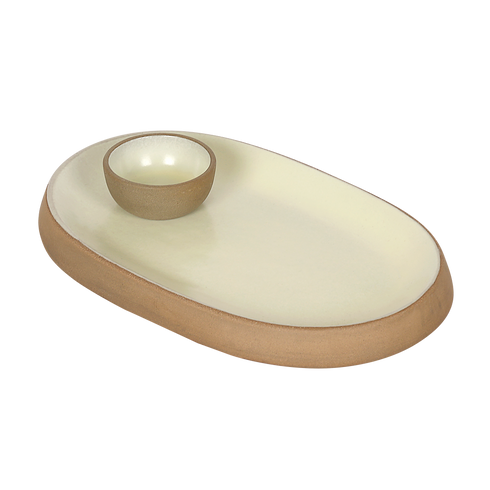 Makrey Red Clay Oblong Platter with Attached Dip Bowl – 10" Collar Rim | Ivory Matt Glaze | Handcrafted Ceramic Serving Set | Appetizer, Chaat & Dip Platter for Restaurant & Home Dining