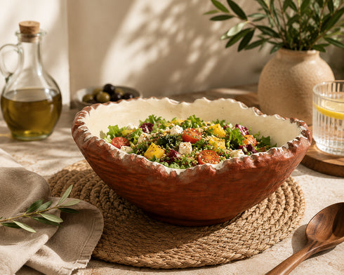 Red Clay Stone Bowl – Oval Deep, Broken-Edge Rim | 1500ML