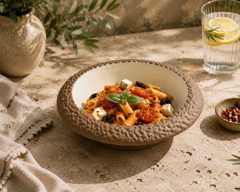 Makrey Red Clay Bowl – 7" Wide Textured Collar Rim | Ivory Matt Glazed Interior | Handcrafted Stoneware | 300ML | Pasta, Salad & Snack Serving Bowl for Home & Restaurant