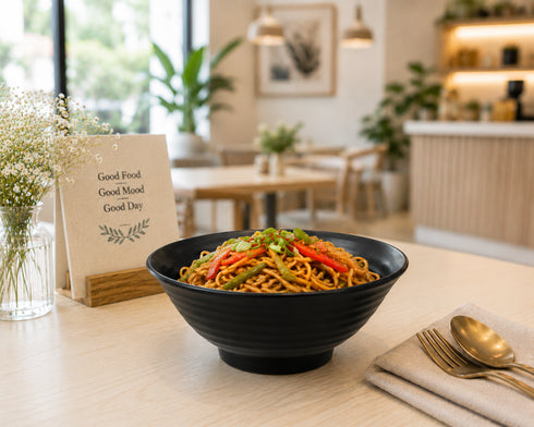 Makrey Ceramic Footed Bowl – 7" Rippled Texture | Matte Black Finish | Handcrafted Conical Noodle & Ramen Bowl for Restaurant & Home Dining