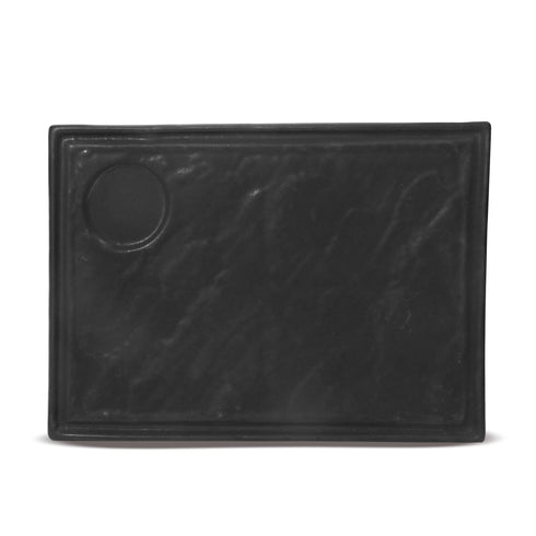 Black Matt Rectangular Ceramic Serving Platter 13x9" | Grooved Stoneware Tray with Depression Design – Ideal for Appetizers, Starters & Party Serving