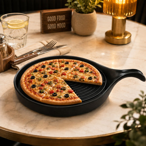 Makrey Ceramic Frypan-Shape Serving Platter – Matte Black | Handcrafted Skillet-Style Tray with Handle | Available in 8" & 12" | Rustic Serving Board for Bread, Appetizers & Tapas