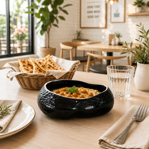 Makrey Ceramic Stone Bowl – Oval, Textured Matte Black | Handcrafted Organic Pebble-Shape Bowl | Available in 6" (S) & 8" (L) | Decorative & Snack Serving Bowl for Home & Restaurant