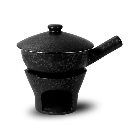 Ceramic Fondue Pot 6.5" w-Lid/Hdl/Burner Silver Antique