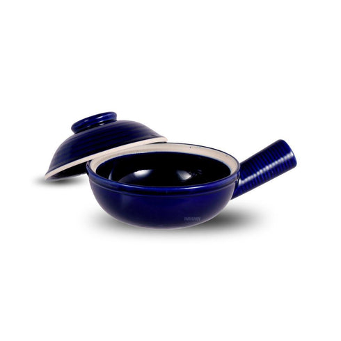 Ceramic Clay Pot w-Rippled-Lid/Hdl Blue Dip
