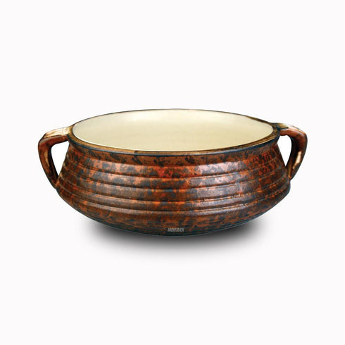 Ceramic Biryani Handi Lagan Rippled w/2Hdls Copper Antique
