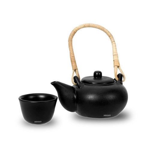 Ceramic Chinese Tea Pot Bamboo Hdl Blk Matt