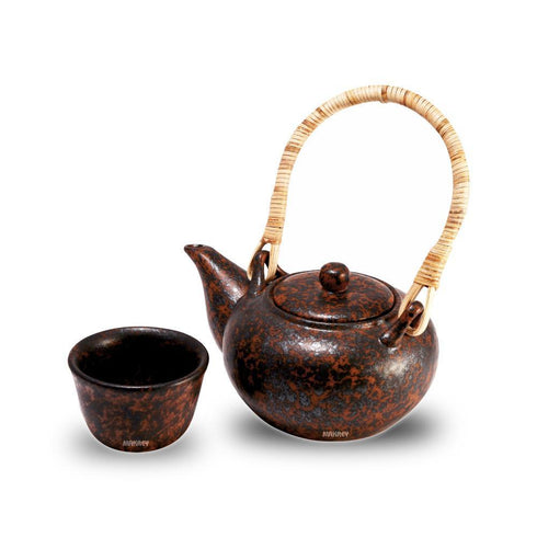 Ceramic Chinese Tea Pot Bamboo Hdl Copper Antique