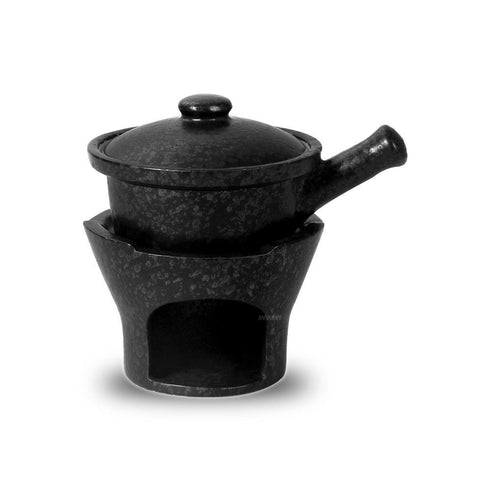 Ceramic Fondue Pot 5.5" w-Lid/Hdl/Burner Silver Antique