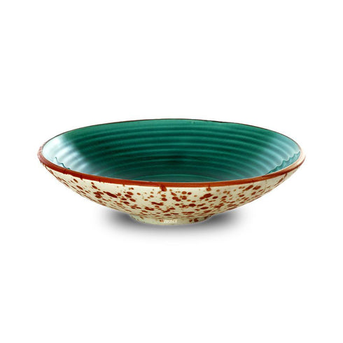 Ceramic Pasta Bowl Footed Shallow Rippled Green Crackle