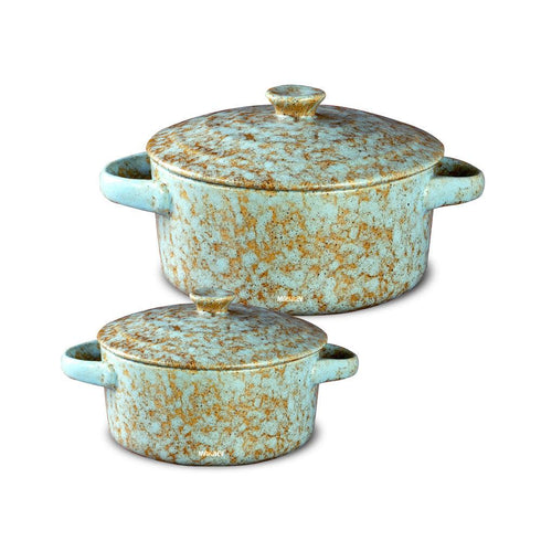 Ceramic Soup Bowl w-Lid/2Hdls Grey Speckles