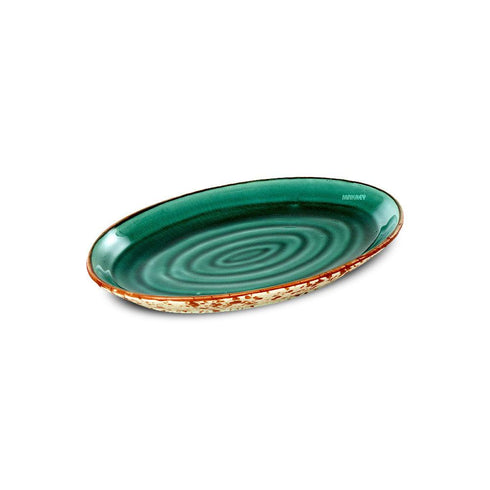 Ceramic Oval Platter Coupe Rippled Green Crackle