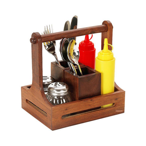 Wood Condiment/Cutlery Holder RECT 8"x6" w/Hdl S/h