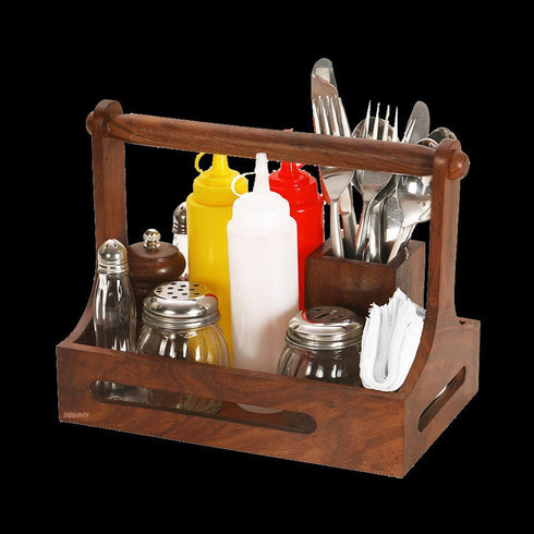 Wood Condiment/Cutlery Holder RECT 10"x6" w/Napkin Partition/Hdl S/h