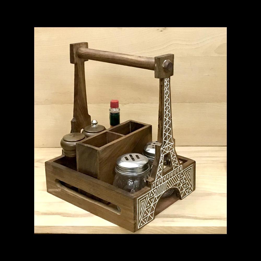 Wood Condiment/Cutlery Holder RECT EIFFEL 8"x6" w/Hdl
