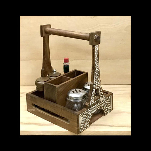 Wood Condiment/Cutlery Holder RECT EIFFEL 8"x6" w/Hdl