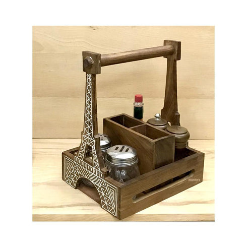 Wood Condiment/Cutlery Holder RECT EIFFEL 8"x6" w/Hdl