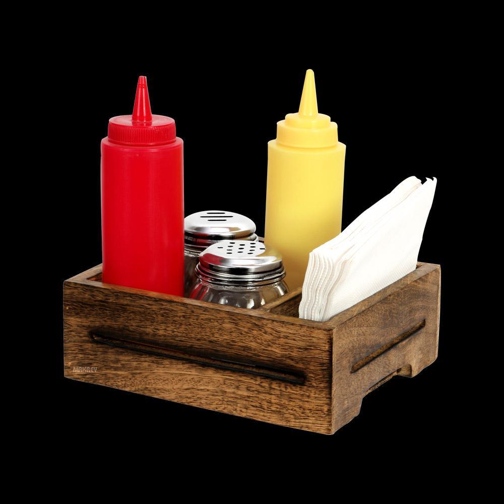 Wood Condiment Holder RECT w/Napkin Partition M/w