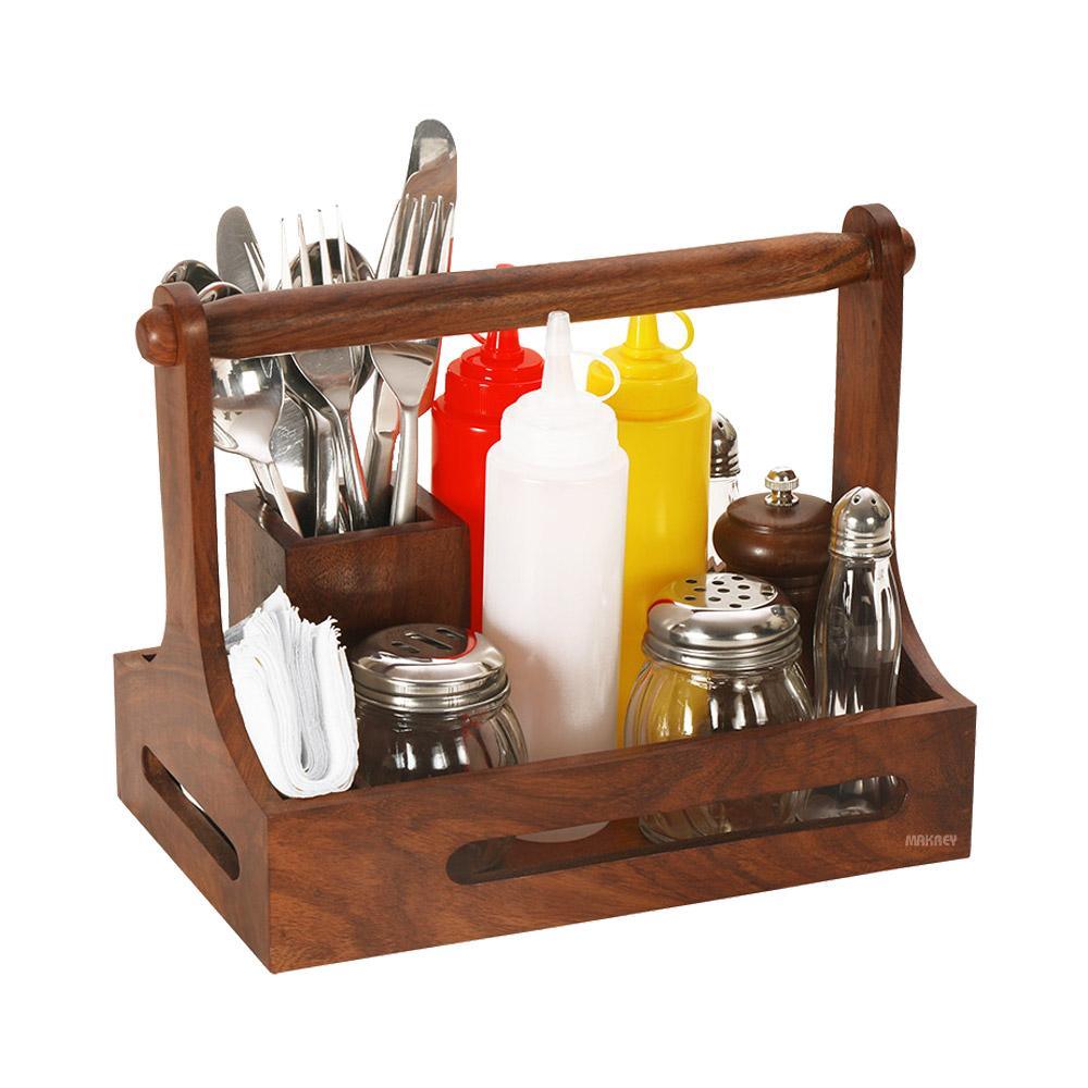 Wood Condiment/Cutlery Holder RECT 10"x6" w/Napkin Partition/Hdl S/h