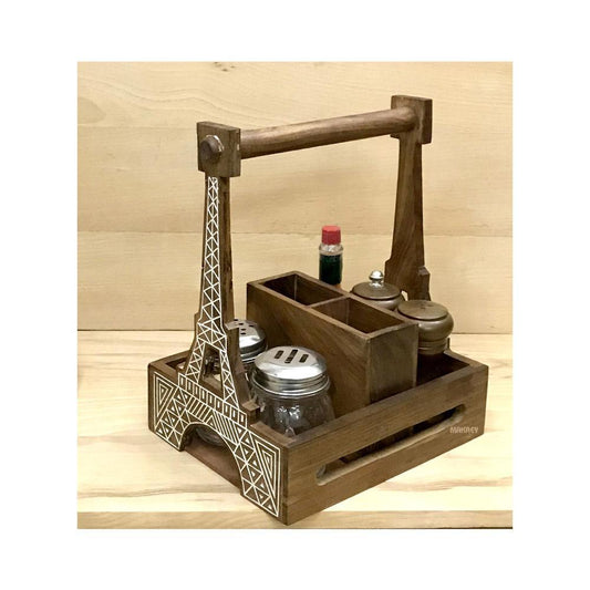 Wood Condiment/Cutlery Holder RECT EIFFEL 8"x6" w/Hdl