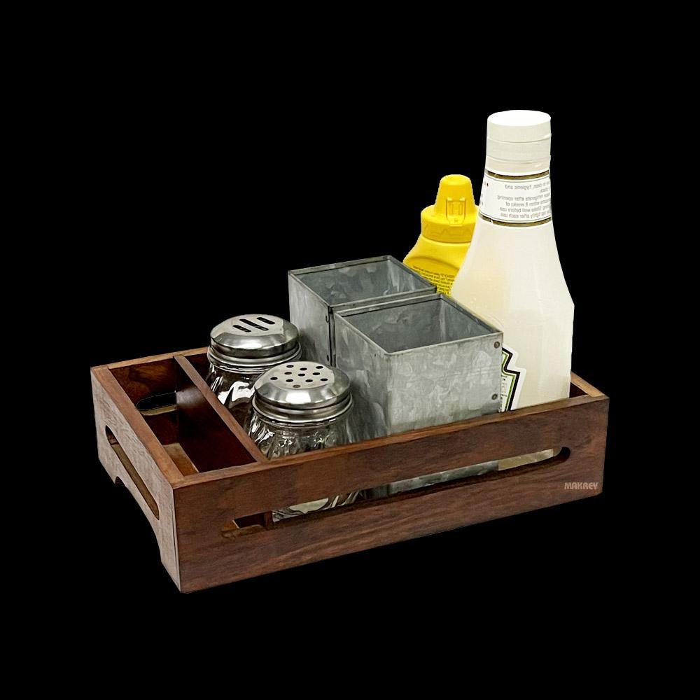 Wood Condiment Holder RECT w/Napkin Partition S/h